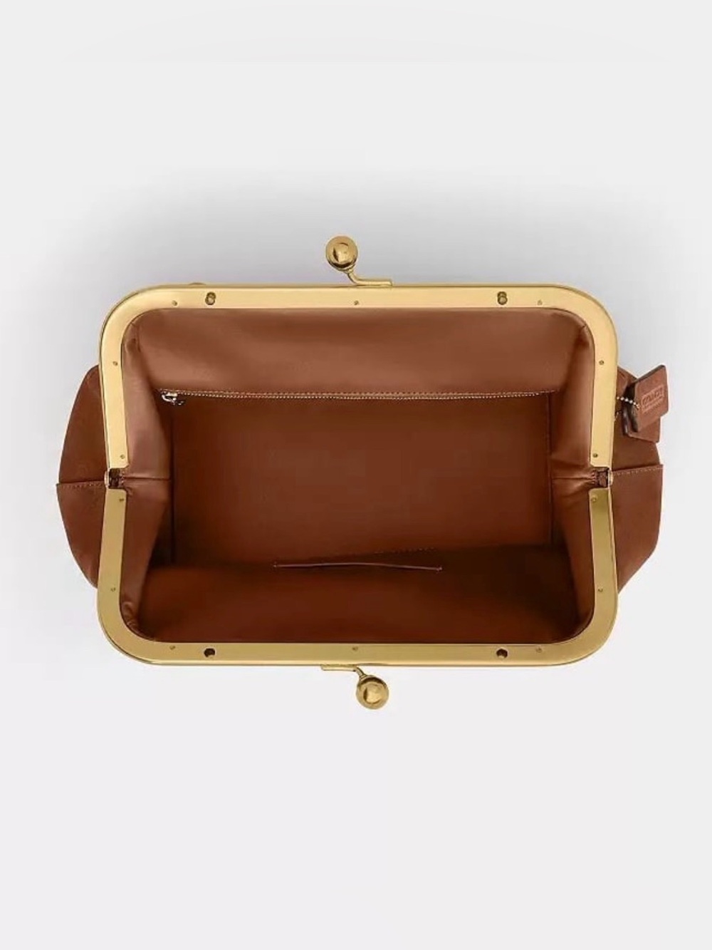 Coach Kisslock Frame Bag 27 in Brass/Warm Brown Suede & Refined Calf Leather NWT - Picture 4 of 14